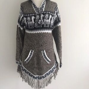 ALPACA HOODED LONG SLEEVE POCKET FRINGED SWEATER Grey Black White Soft